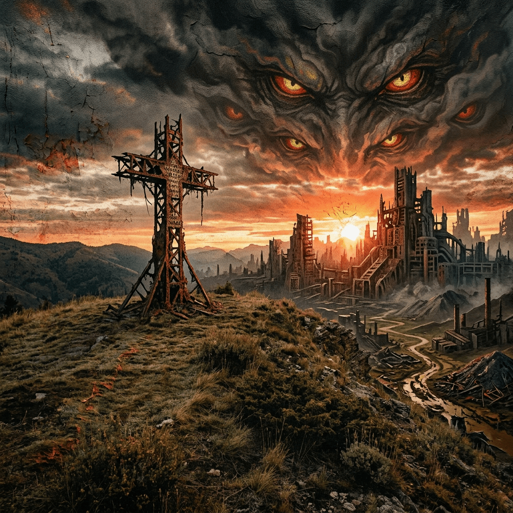 Wooden cross on hill at sunset with mountains and cloudy sky