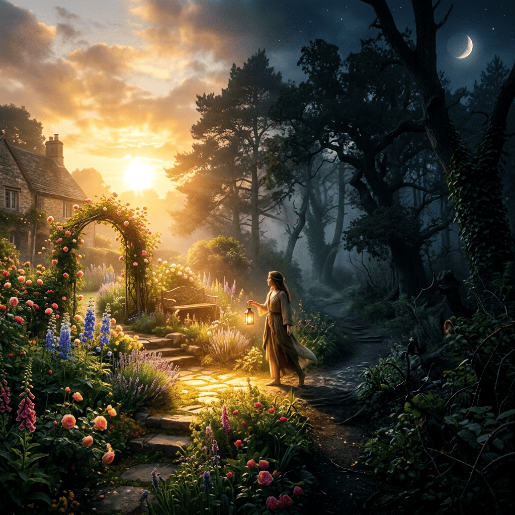 Woman carrying a lantern between a flower garden and dark forest